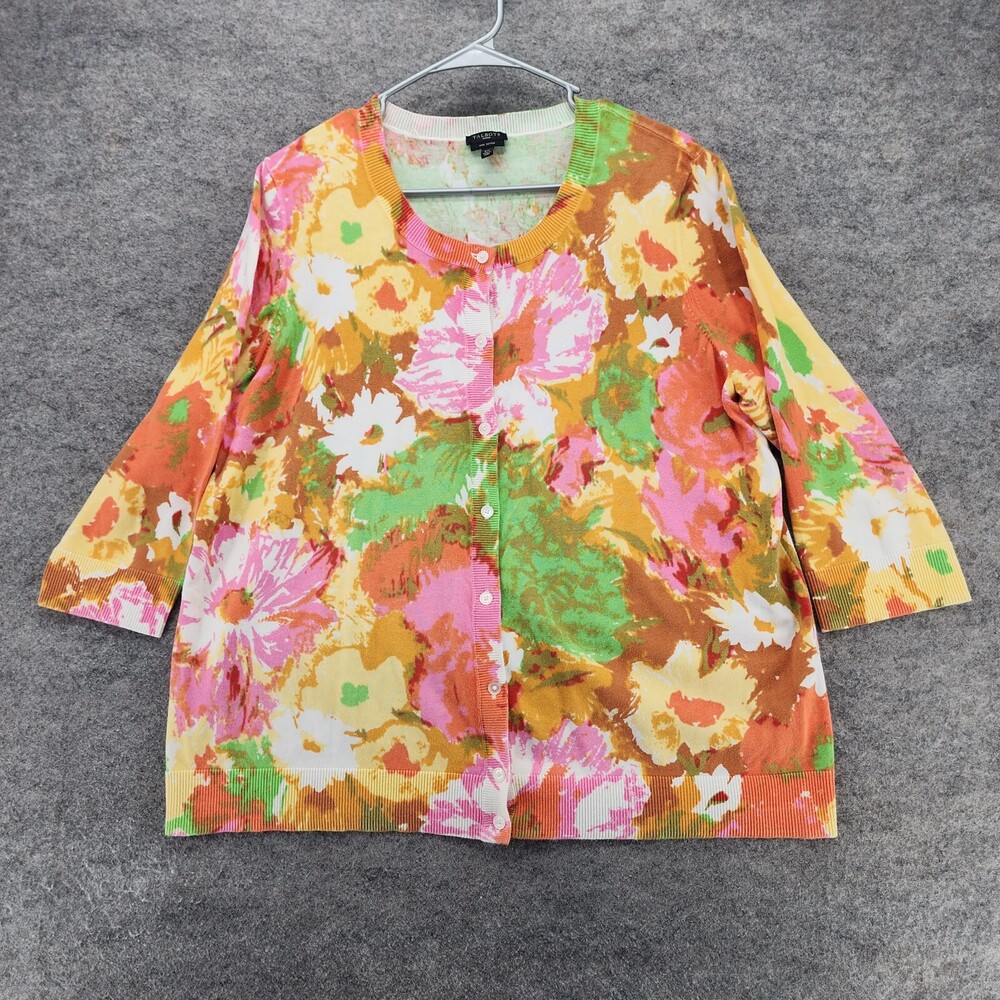 Talbots Shirt Womens 2X Button Front Pima Cotton Orange Floral 3/4 Sleeve